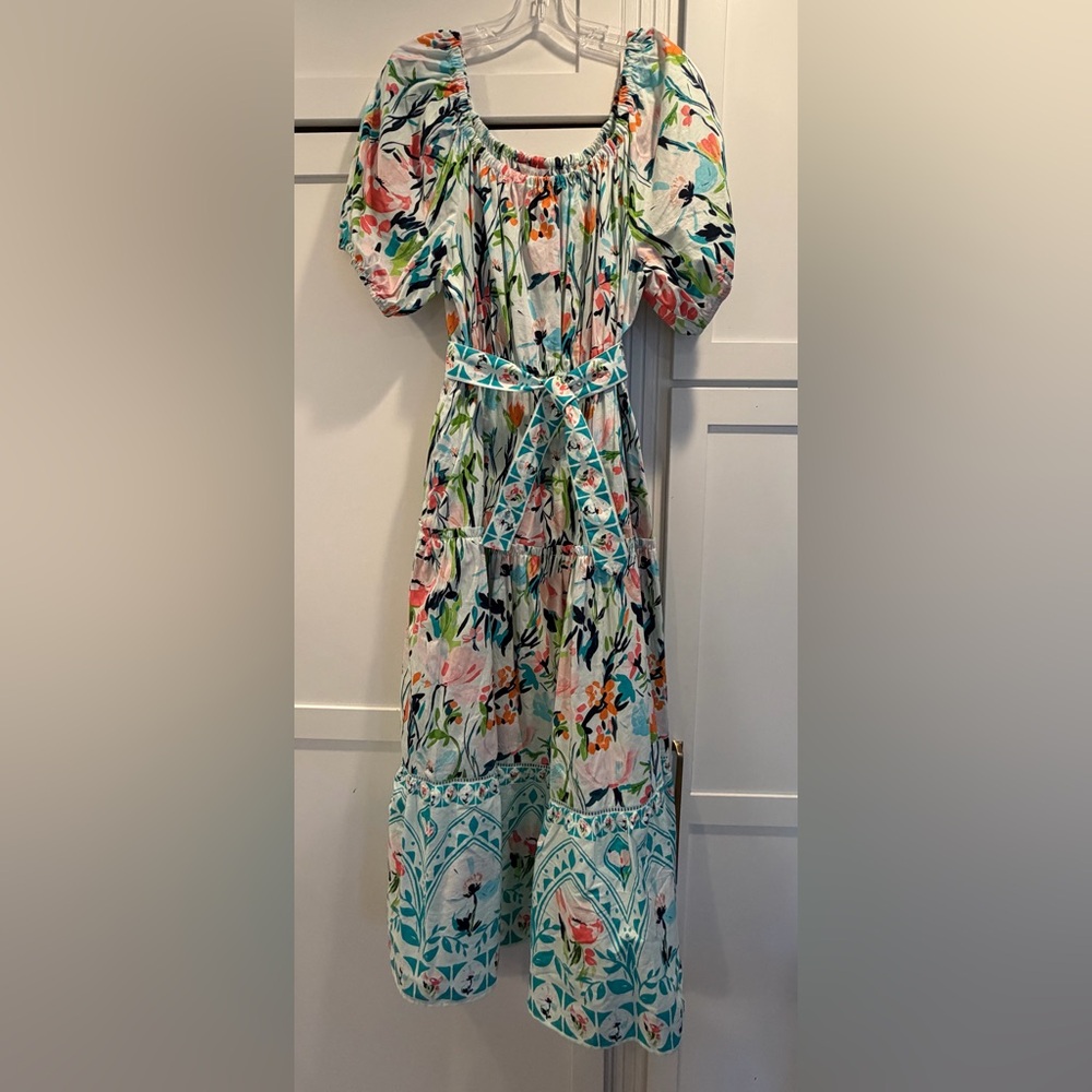 Crown & Ivy Off the Shoulder Belted Maxi Dress in “Blue Multi” Sz. XL - Picture 4 of 11